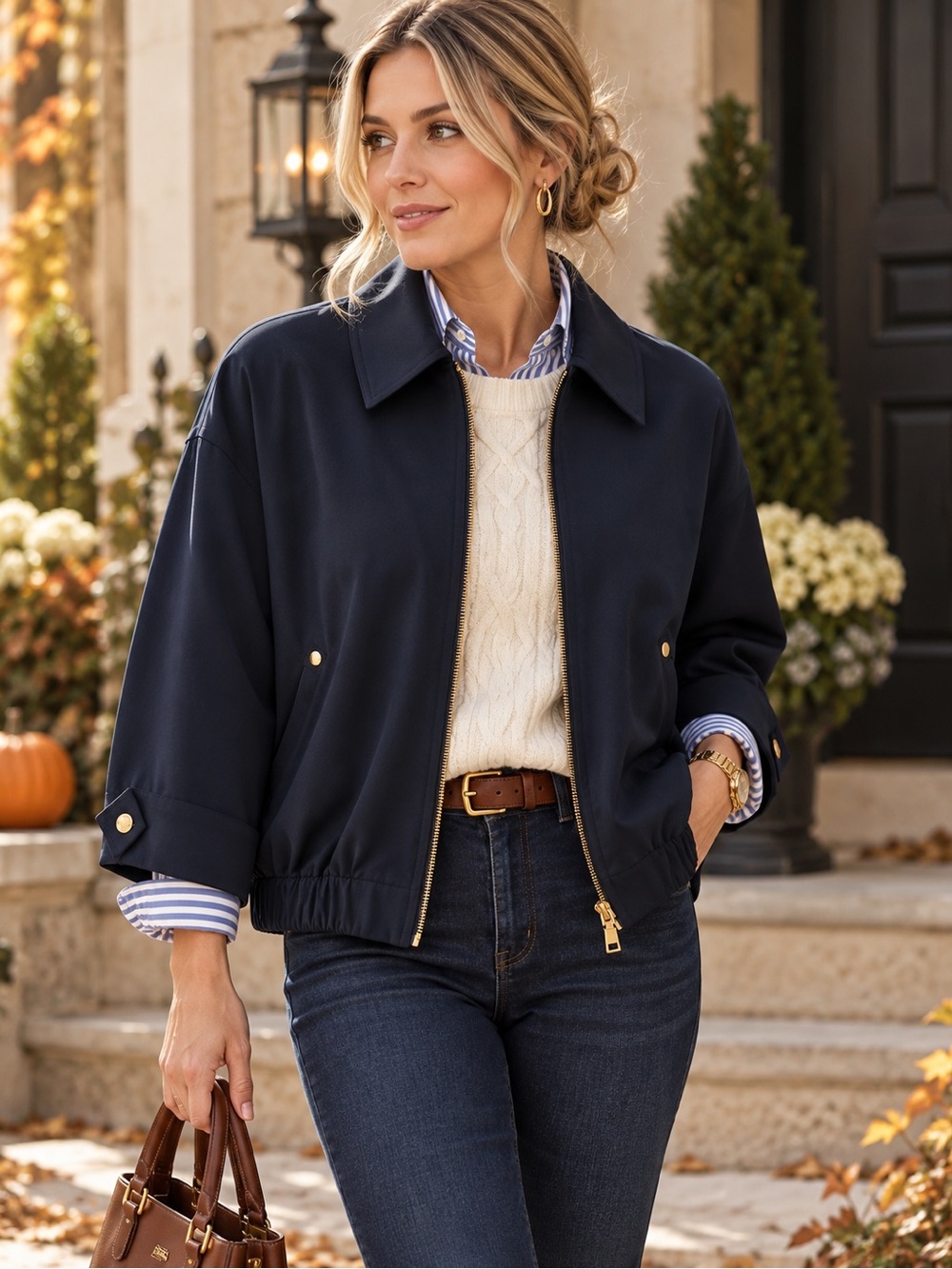 Laura Navy Blue Zip-Up Jacket Size Medium – Gold Hardware